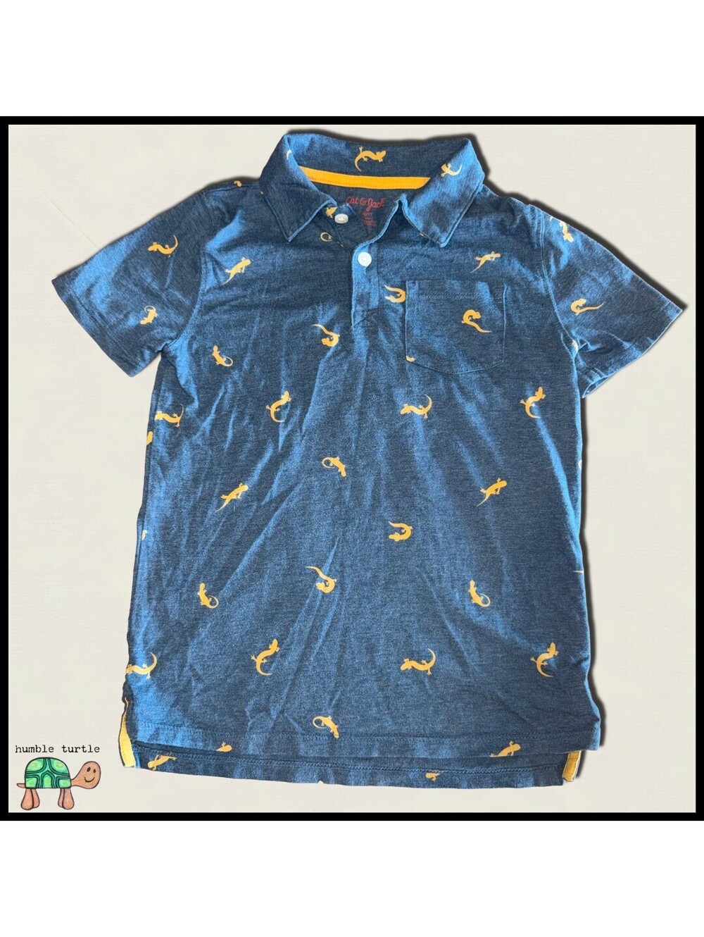 Cat & Jack Boys' Blue Polo Shirt with Yellow Lizard Print, Size S (6/7)